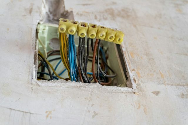 Een aftakdoos met aangesloten draden in een muur